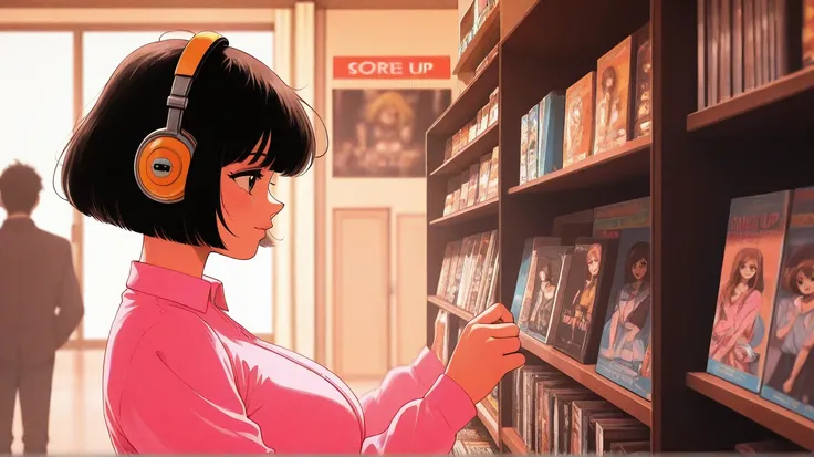  1 girl, big breast, black short hair, wearing headphones, view side face, lofi style art, Inside a Retro Record Store ,  The store name is Latin music ,  Pastel blue and pink creates a nostalgic atmosphere .. VHSスタイルのひずみで、 Inside a Retro Record Store . Th...