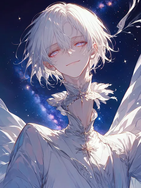 Illustration, top quality, pixiv illustration, very detailed animation, ((alone), (male), white hair, short hair, twinkling starry white eyes, starry night background, colorful white clothes, fantastic lighting, smile