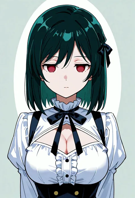  mifune shioriko, 1girl, solo, short hair, large breasts, long sleeves, red eyes, dress, bow, closed mouth, white shirt, upper body, hair ribbon, frills, green hair, neck ribbon, black ribbon, expressionless, cleavage cutout, empty eyes