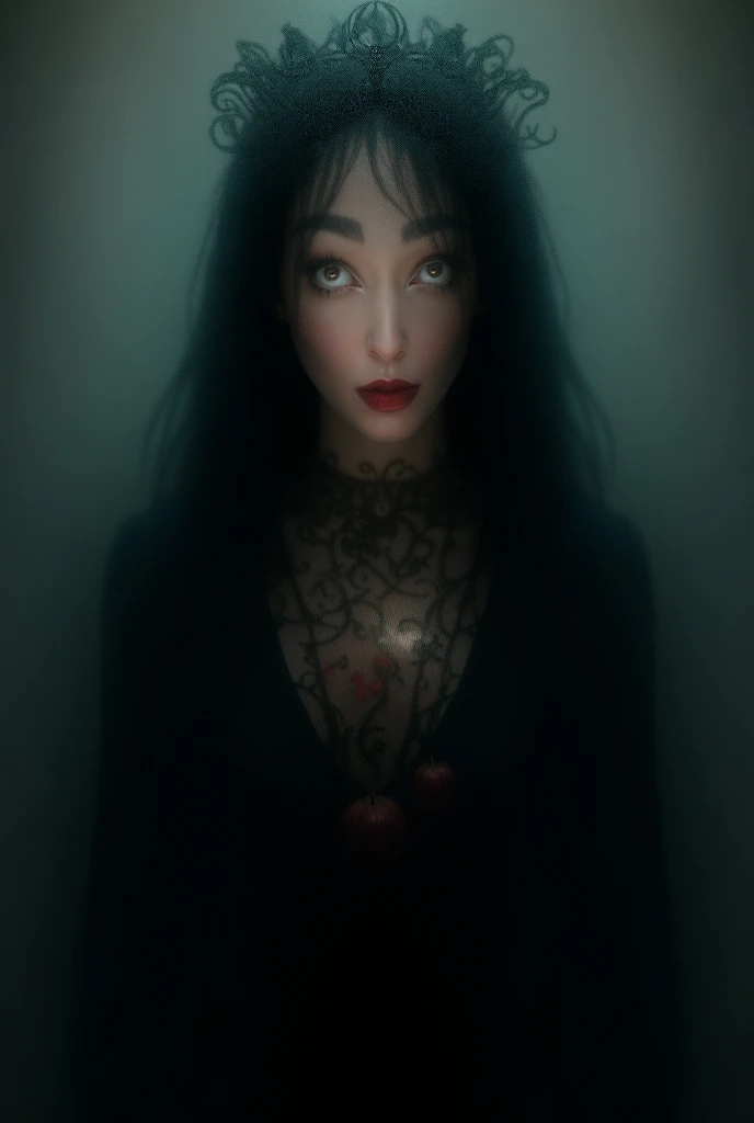 Girl,Black long hair，Black Queen，accessories，Apple in hand，Poison apples，Witch Queen，Red lipstick