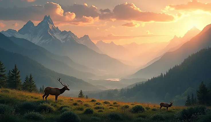 beautiful mountains landscape with lush green forest below where we see deers  , the clouds in the sunset sky are forming the name "Isabelle", eye-catching ultra vivid colors masterpiece 8k professional photo ultra realistic 