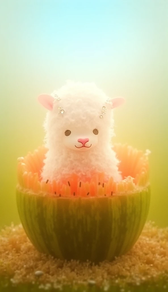 An ultra realistic sheep ,  extremely cute and small , with soft wool ,  voluminous and with a velvety texture ,  emerging from the inside of a succulent watermelon half . the sheep tem olhos grandes,  expressive and adorable , filled with tenderness ,  wi...