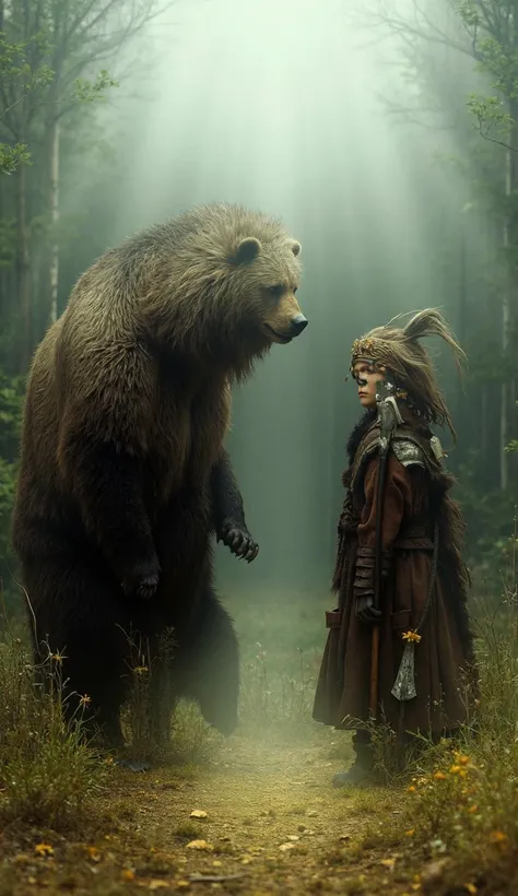 "In a quiet clearing of an ancient forest, a massive grizzly bear and a human hunter stand facing each other in a moment of tense yet mutual respect. The bear, its fur a rich brown with streaks of silver, rises slightly on its hind legs, towering over the ...