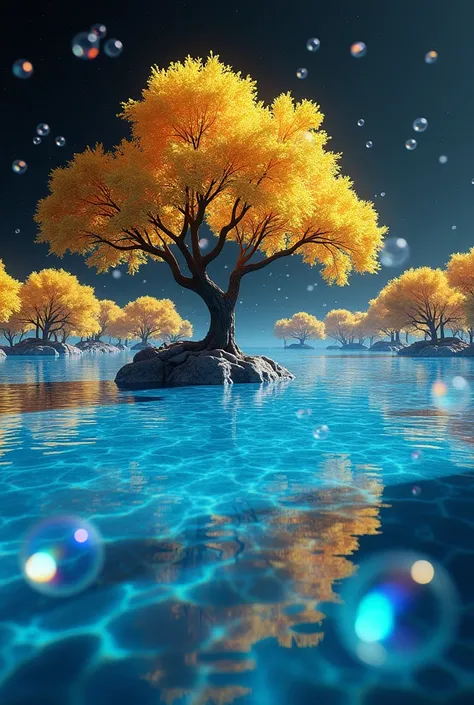 The azure blue sea shines like a jewel diamond, with very large trees with bright golden yellow leaves and branches scattered among countless rainbow bubbles in the background and in front of many trees. The background of the trees is the black of space, t...