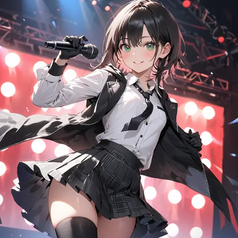 ( Perfect Anatomy), ((32K)), (( top quality )), ((超 high res)), (( high res)), ((超 high res)), ((Highly detailed CG)) , One Girl 、green eyes.smile, black hair, short hair with long locks,( small breasts:1.5),( white button shirt)、(black tie),(black long sl...