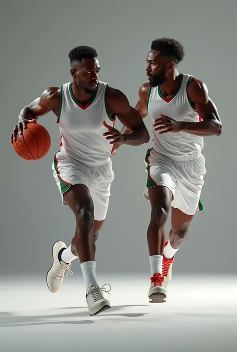 two male nigerian basketball players play basketball, wearing a white jersey and white shorts, gray background, one of them run to another player who have a ball, ultra-detailed, 8k, hyperrealistic, cinematic lighting, dynamic action pose, muscular physiqu...