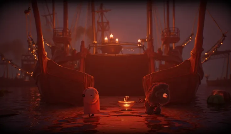 Maya and Fiko , Yıldız The ship ’nin yanına dönerken Bilge Kaptan onları sıcak bir şekilde karşılıyor. The ship ,  lights shine around them .  Draw realistic in animation style .