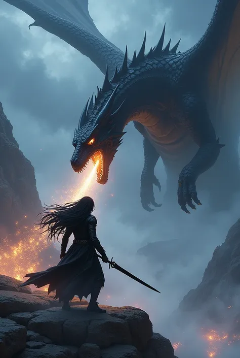 On a stormy mountaintop, Voltex faces a colossal, black-scaled dragon. His long black hair flows wildly in the fierce winds as he grips his dark sword tightly. The dragon roars, spewing fire, but Voltex dodges with supernatural speed, slashing through the ...