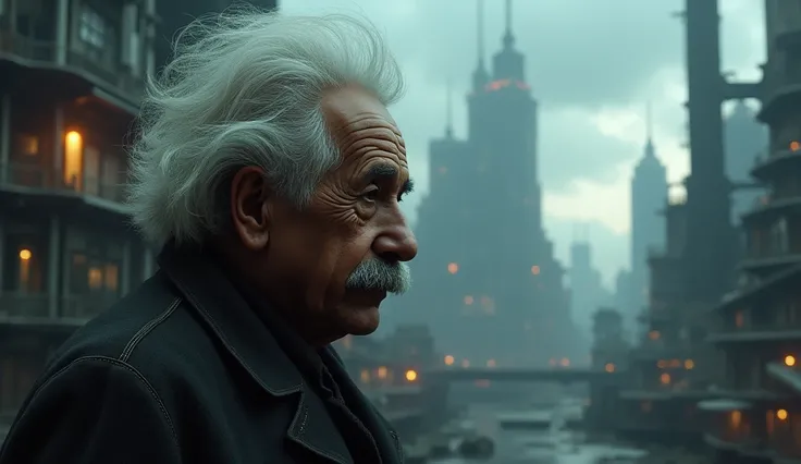 Albert Einstein pensive in profile, futuristic dystopian environment