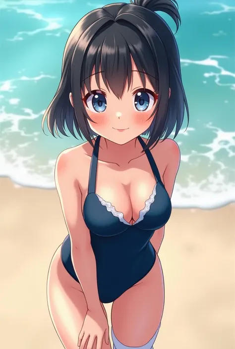 cute, girl, , 6th elementary school student, black hair, Bob- Half up-short ponytail, dark blue school swimsuit, white knee-high socks, big bust, (((shiny skin))), blush, smile