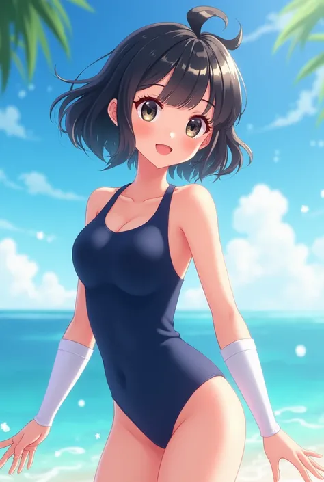 cute, girl, , 6th elementary school student, black hair, Bob- Half up-short ponytail, dark blue school swimsuit, white knee-high socks, big bust, (((shiny skin))), blush, smile