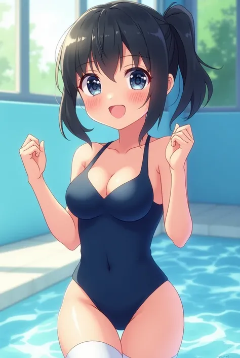 cute, girl, , 6th elementary school student, black hair, Bob- Half up-short ponytail, dark blue school swimsuit, white knee-high socks, big bust, (((shiny skin))), blush, smile