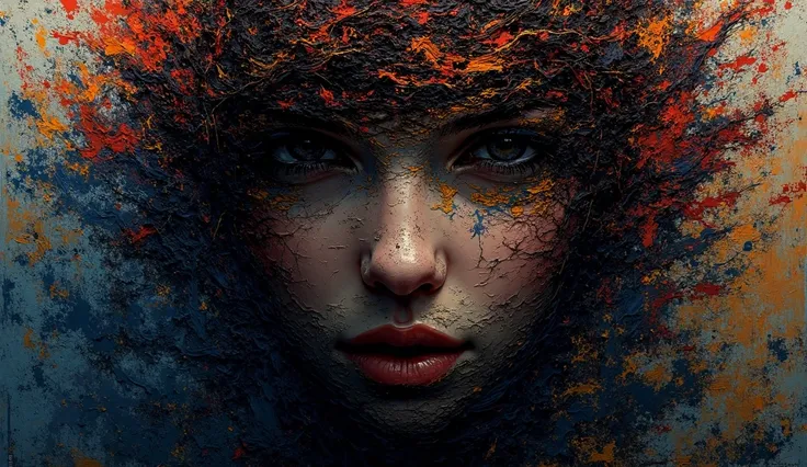 a picture of a half-faced woman in a painting with overflowing paint but still showing half of her face. the background is the overflowing paint. make it look like a painting not anime. size 16:9