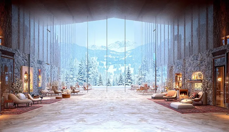  The entrance hall of a luxurious ski hotel is an imposing and welcoming environment ,  with large glass windows from floor to ceiling ,  offering a spectacular view of the snow-capped mountains . do lado de fora,  you can see the cable car climbing the mo...