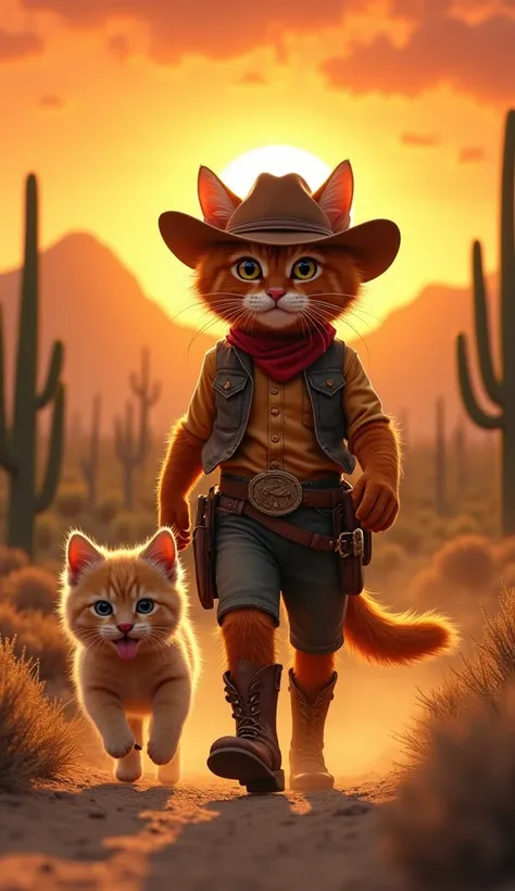 " Visualize an anthropomorphic red-haired cat dressed as a cowboy ,  complete with a wide-brimmed hat and leather boots , walking along a dusty trail at sunset . Next to him,  a small ANGORA CAT PUPPY WALKS EXCITEDLY ALONGSIDE HIM , With my tongue out and ...