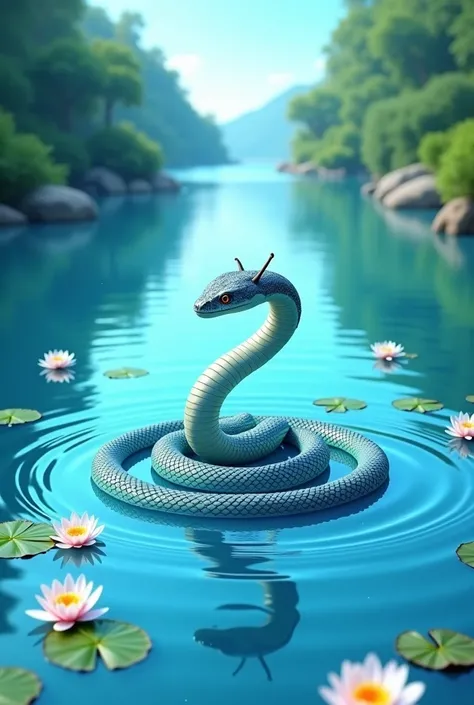 A Naka snake in lake made of white blue water