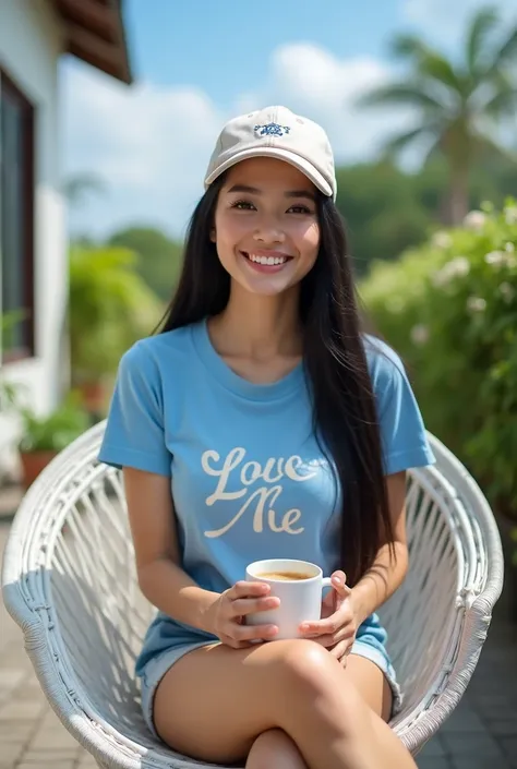 A beautiful Thai woman with fair skin, a beautiful face with a bright smile, long straight hair, black hair, a cap, a cute blue T-shirt with the word "Love Me" written on it, jeans shorts, sneakers, and a coffee mug sitting on a white rattan chair in front...