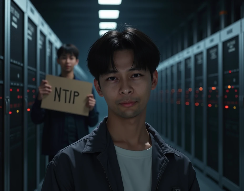 Realistic portrait of a korean teen guy , , their faces look real. , The background is a server room with a man holding a sign with the word NTIP.