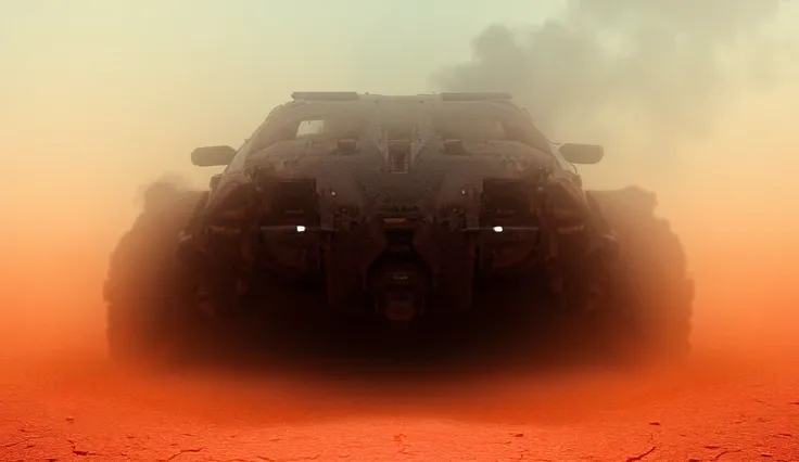  The image shows a futuristic car from the year 5700 , , heavily armored and assembled from rusty debris from other vehicles, .  If you look into the distance in a general plane that is running at high speed ,  His presence is dominant .  The design of the...