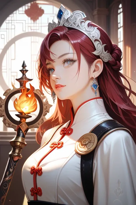  Best image quality , level masterpiece,  ultra high resolution , realism,  fantasy theme , weapon,  detailed faces ,  young woman , [lonely, strand of hair,  fairytale theme ,  upper body,  Chinese architecture , flame,  Get detailed outdoor and movie lig...