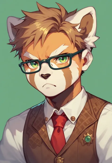 a male red panda, green eyes, glasses, solo,fantasy steampunk, brown knit vest, red tie, white shirt, chibi, annoyed expression, no background