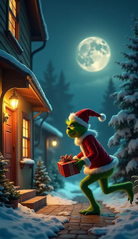 (photorealim:1.2)night time lights and moon and then Grinch stole gift from the door of house and Messi an famous footballer in Santa Claus dress chasing Grinch 