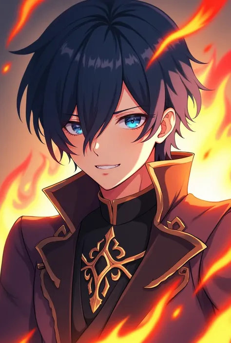 Man, Genshin, Genshin Impact,  high resolution ,  masterpiece,  short hair,  black hair, smile, bright blue eyes, flames, medieval clothing, Haare über einem Auge, 