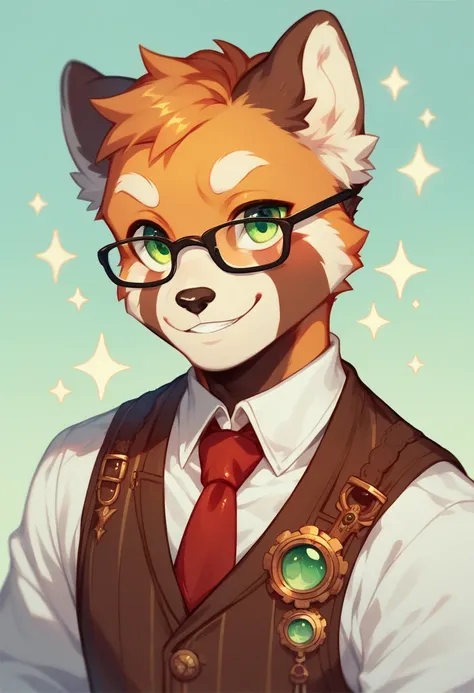 a male red panda, green eyes, glasses, solo,fantasy steampunk, brown knit vest, red tie, white shirt, chibi, cynism smile expression, no background