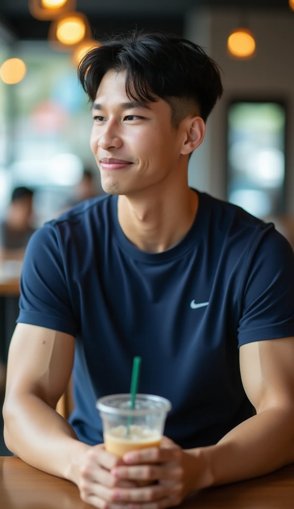 Real picture, natural light , ((realistic daylight)) , , a Korean man wearing a navy blue sports short-sleeved round neck T-shirt,  handsome,Big arm muscles,  tight breasts ,  muscle bundle  , Bold eyebrows, sly smile, Looks like a Pumpkin Boy , , 23 years...