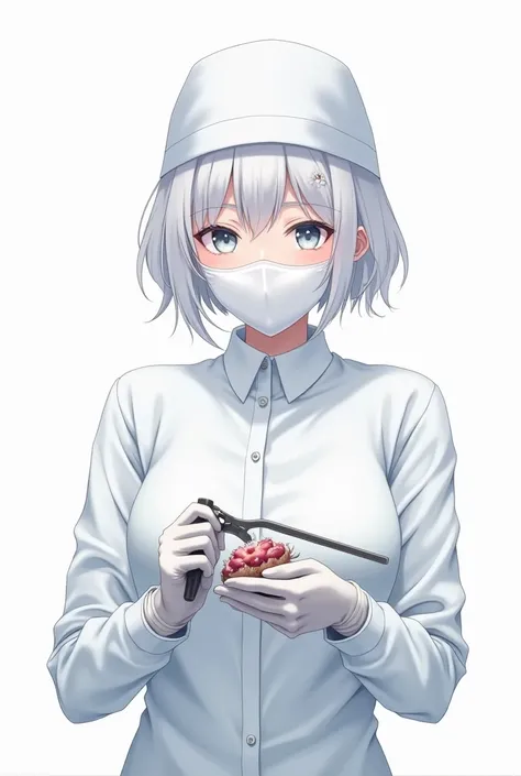 Bishoujo anime  surgeon wearing a white surgical gown white surgical cap white surgical mask and white latex gloves has snow white hair and white  eyes shess holding a bonesaw