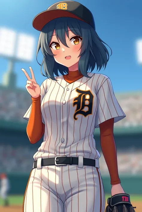 Japanese Professional Baseball、Koshien、 replica uniform {x}, 1 woman 、18 years old、The uniform number with vertical stripes １ in the crowd 、 is blistering 、 cute、Night Sky、 is cheering for the Hanshin Tigers 