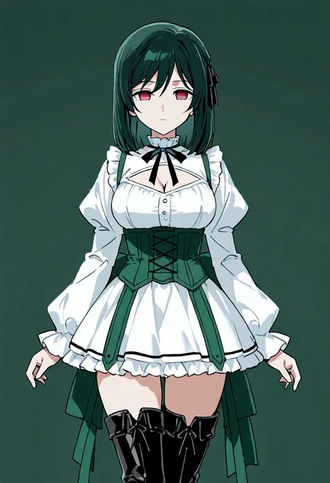  mifune shioriko, 1girl, solo, short hair, large breasts, long sleeves, red eyes, dress, bow, closed mouth, white shirt, upper body, hair ribbon, frills, green hair, neck ribbon, black ribbon, expressionless, cleavage cutout, empty eyes, (((thigh high boot...