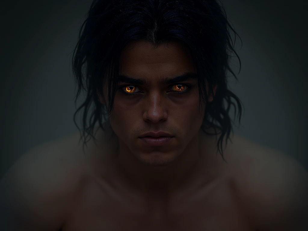 a young muscular man tall , with long, tied hair,  in the eyes his sclera is black and the iris is bright yellow 