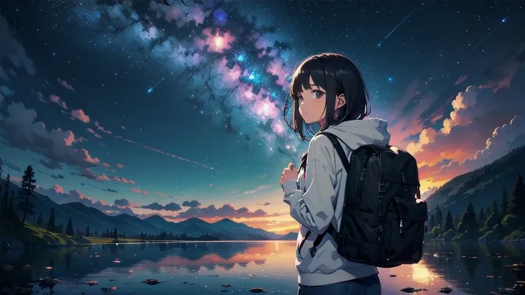 masterpiece, 8k, Girl Standing on a Salt Lake ,  the lake is a mirror reflecting the stars  ,  fantasy ,  detailed background , A woman drawn down to the smallest detail ,  anime girl watching the sky, 星の光が bright  , 瞬く starry sky ,  there are many stars i...