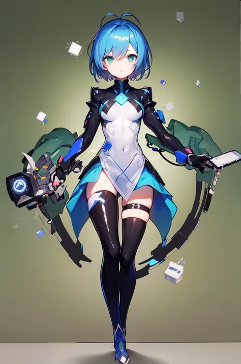 an AI taking human form, woman, short blue hair, green eyes, green and white tights with black parts, traces of technology on the clothes,