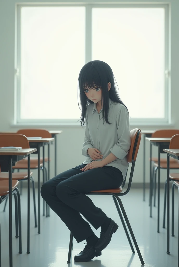 A person sitting in a quiet classroom or office, looking nervous and glancing sideways while holding their stomach. The setting is bright and minimal, emphasizing the awkwardness of the silence.