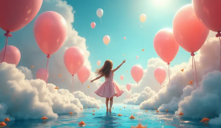 When they take the stage, lovely balloons, They portray a charming dream filled with cloud pillows and golden fishes gushing from the sea. A moment that the audience watches in amazement.  Draw realistic in animation style .