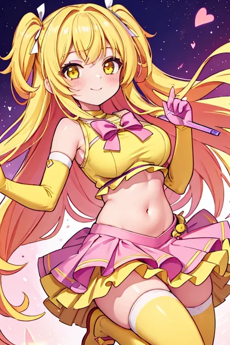 1 girl, best quality, masterpiece, ultra high res, cute, magical_girl, yellow costume, frilled clothes, crop top, navel, midriff, heart jewelry, pink ribbon, elbow gloves, miniskirt, thighhighs, gigantic breasts, long hair, yellow hair, yellow eyes, holdin...