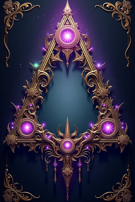 An intricately detailed ornate triangular frame with an Eldritch theme, featuring swirling patterns, arcane symbols, and glowing orbs of purple, green, and white light. The design is symmetrical, with elegant filigree, sharp spires, and mystical energy rad...