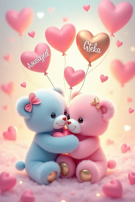 A whimsical and heartwarming poster featuring two adorable teddy bears, one with light silky blue fur and the other silky 
baby pink engaging in a tender embrace on a fluffy, cloud-like surface. Surrounding them are enchanting arrays of pink and gold heart...