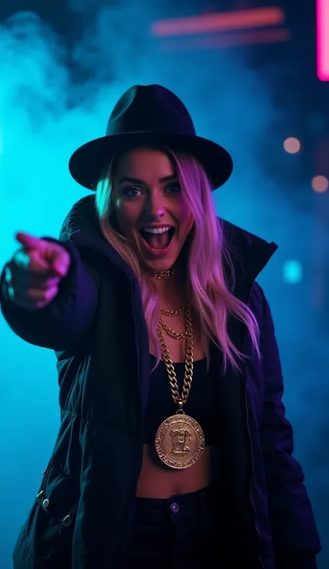 A woman poses passionately, wearing a thick black jacket with a hoodie, a black hat, and a large gold chain with a medal hanging around his neck. sHe pointed directly at the camera while shouting with an expression full of energy. The background is dark sm...