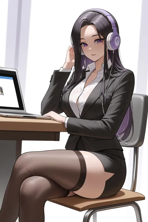 There is a mature Korean woman wearing a chair and sitting with a laptop, 검은색 Dressed in a suit, sitting On the desk,  wearing a strict suit , On the desk,  wearing a strict suit , Korean Goddess,  thigh-high stockings and skirt , I sat at her desk,  Sitti...