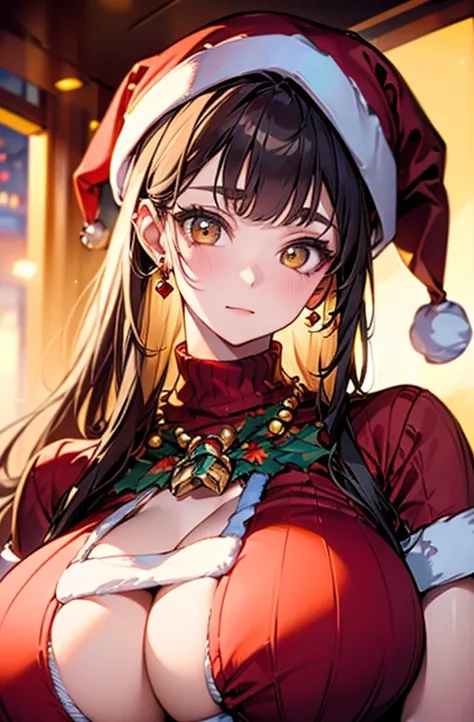 , high quality, super quality, (detailed face:1.5) ,beautiful woman , golden eyes, long  hair , (knitting knit, cut out ,Santa costume :1.4)  , earring , sharpe eyebrow , beautiful bangs are covering her eyes , (huge breast:1.6) , necklace ,