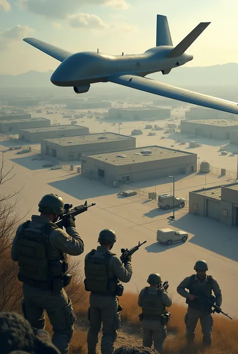 A drone flying over military base in which the soldiers equipping weapons, and the drone should fly higher 