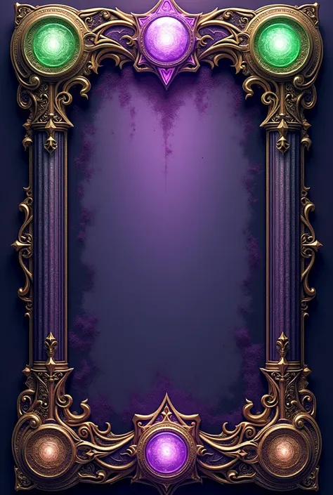 An intricately detailed ornate rectangular frame with an Eldritch theme, featuring swirling patterns, arcane symbols, and glowing orbs of purple, green, and white light. The design is symmetrical, with elegant filigree, sharp spires, and mystical energy ra...