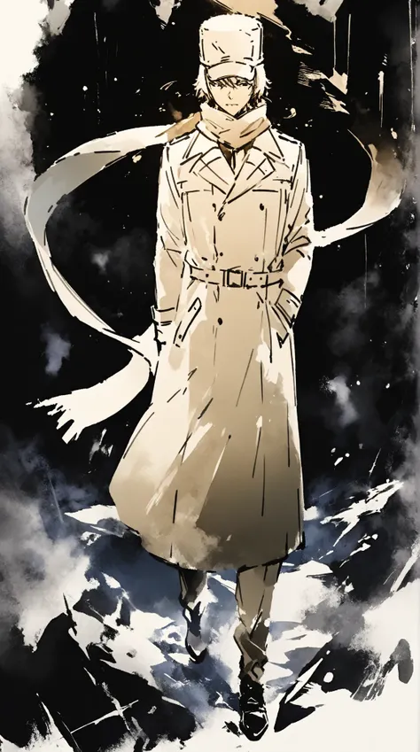 score_9, score_8_up, score_7_up, score_6_up, masterpiece, best quality, watercolor, double exposure, man, solo, full body, trench coat, long scarf flying in the air, ushanka hat, fur hat, looking down, cold breath, night, dim, simple background (face of a ...