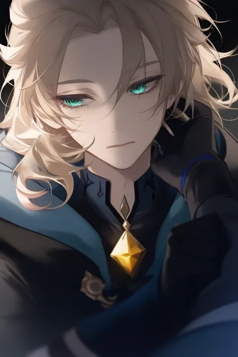  masterpiece fails. 1 person.  male character. albedo из genshin impact.  light skin ,  golden blonde hair,  light wavy hair , thin eyes, The eyes are light blue,  neutral facial expression , small gold diamond on the neck ,  dark clothes ,  gloves on her ...