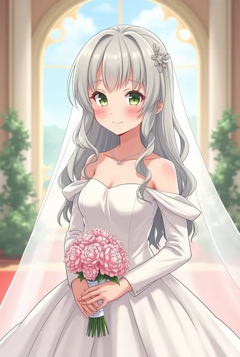  adult girl with wavy silver hair with two locks on her sides ,  large, expressive eyes , pale green ,  White skin with a pink blush on her cheeks and full lips and dimly pink ,  round face shape with a thin chin ,  with a white satin wedding dress with sl...