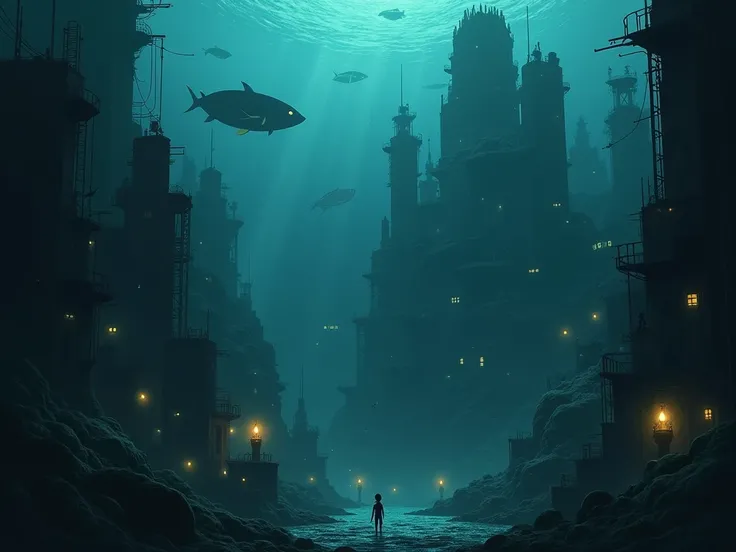 Dark underwater cityscape of Bikini Bottom, eerie atmosphere, dim lights.