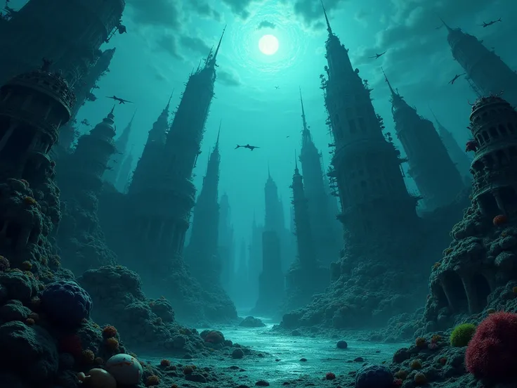 Dark underwater cityscape of Bikini Bottom